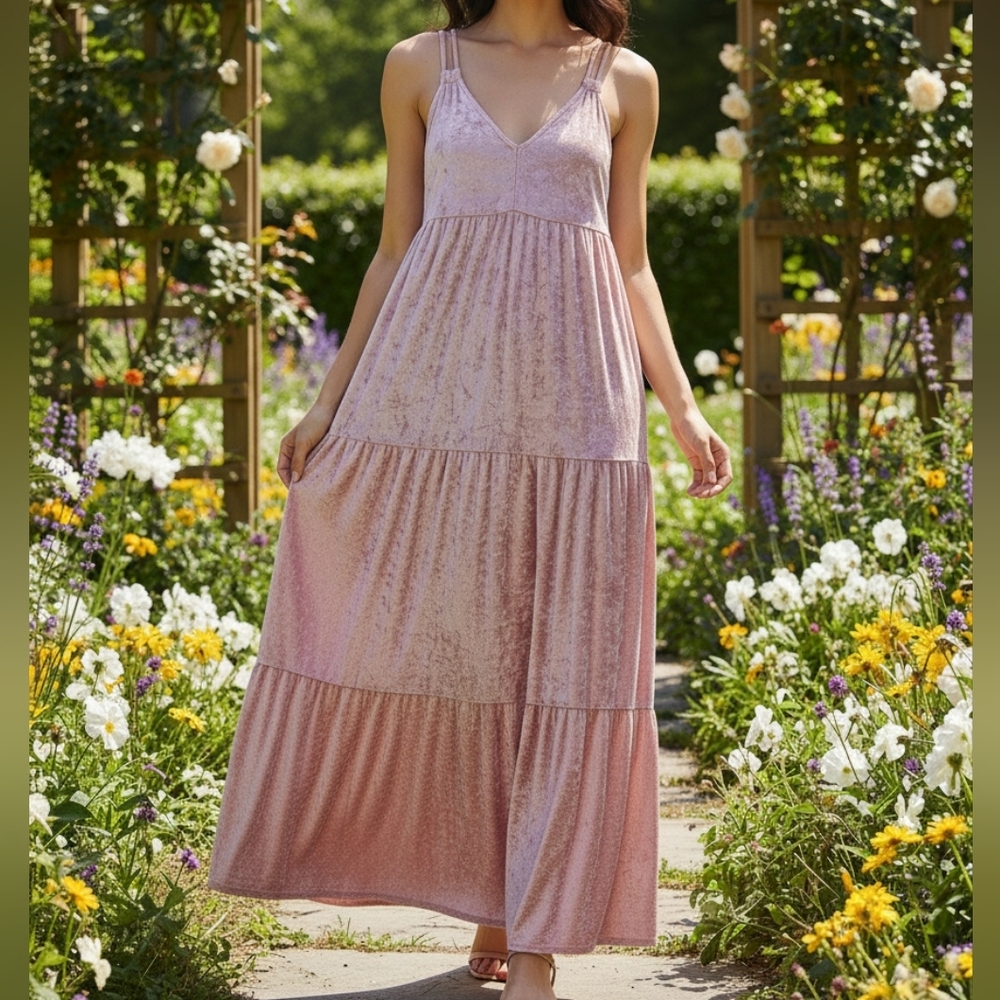 Pink Velvet Tiered Maxi Dress